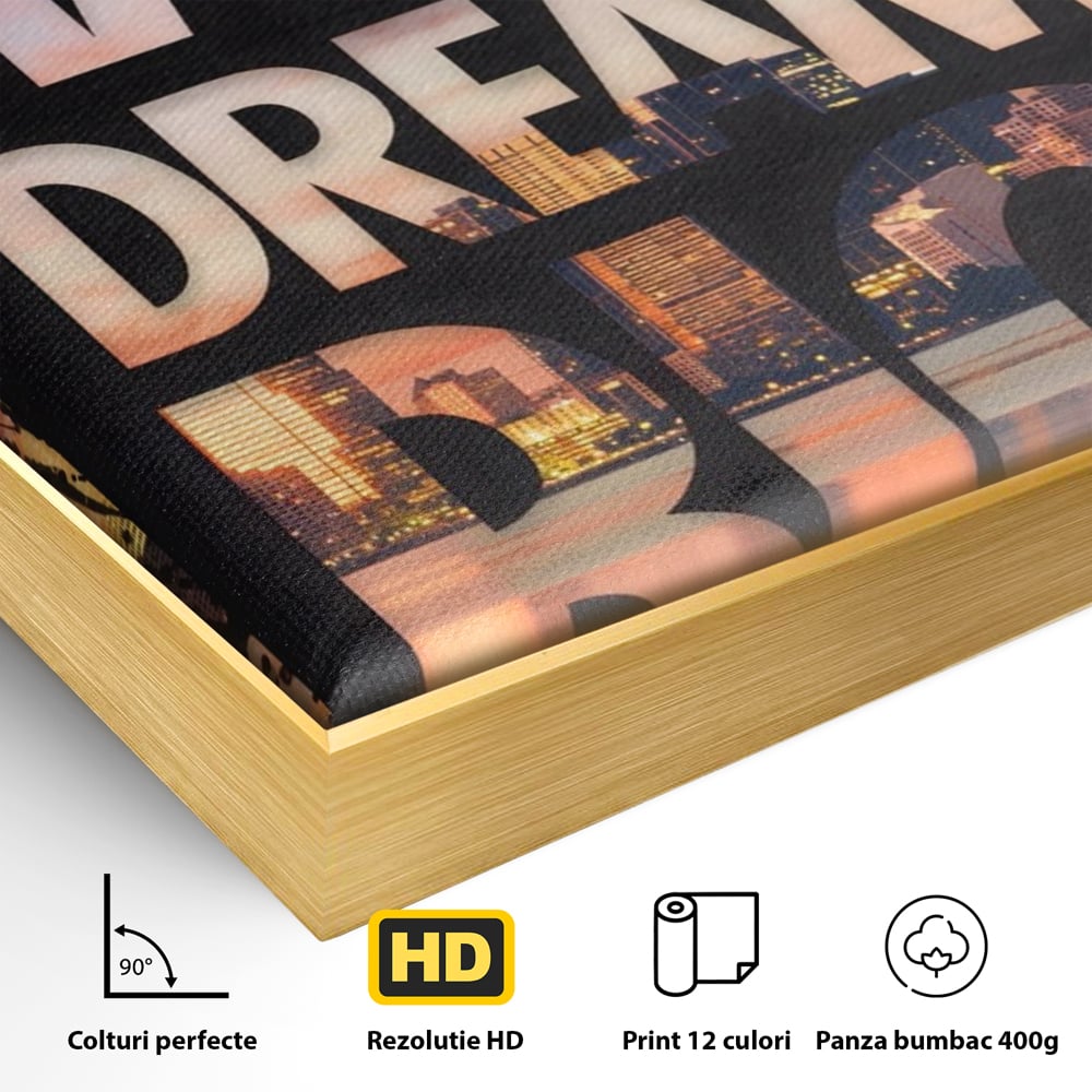 Detaliu al suprafetei: tablou motivational cu peisaj urban nocturn, in rama de aluminiu auriu