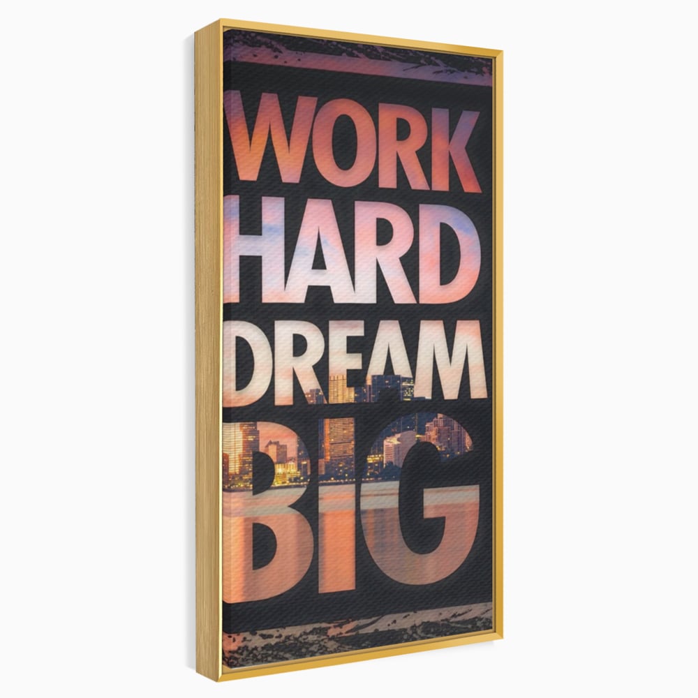 Tablou canvas cu tablou motivational cu peisaj urban nocturn, in rama de aluminiu auriu