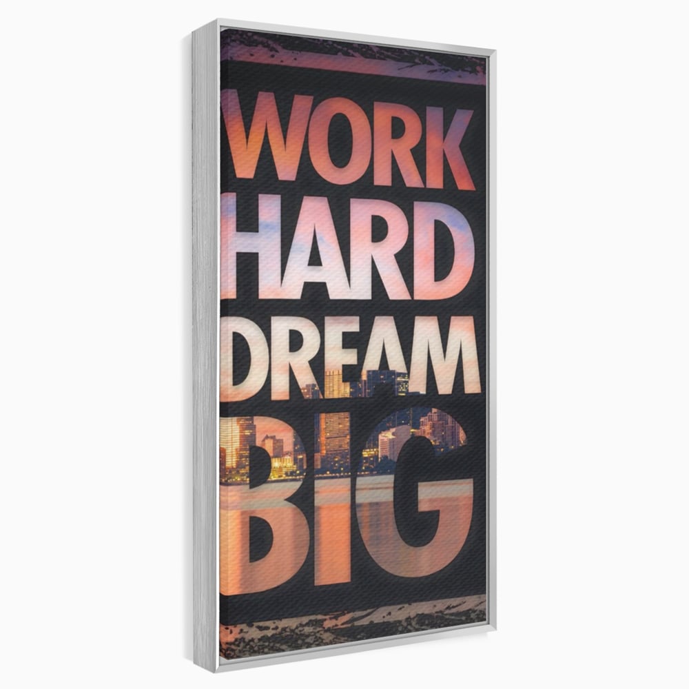 Tablou canvas cu tablou motivational cu peisaj urban nocturn, in rama de aluminiu argintiu