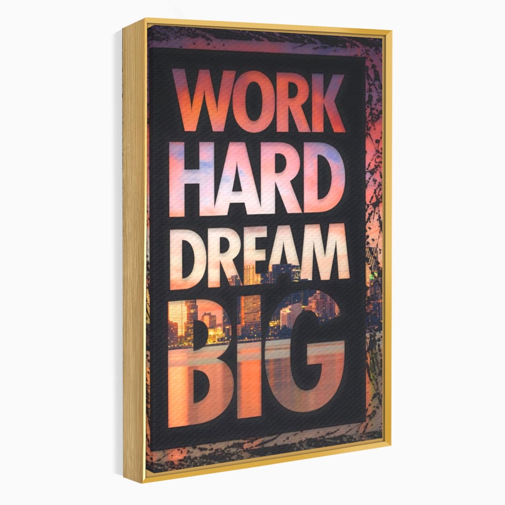 Tablou canvas cu tablou motivational cu peisaj urban nocturn, in rama de aluminiu auriu