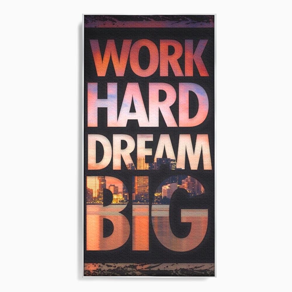 Tablou canvas cu tablou motivational cu peisaj urban nocturn, in rama de aluminiu argintiu