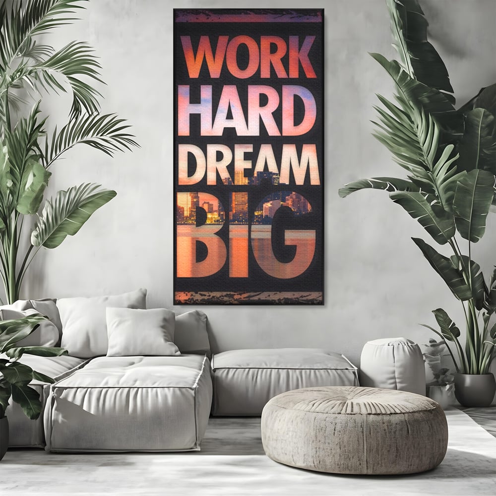 Tablou canvas cu tablou motivational cu peisaj urban nocturn, in rama de aluminiu negru, pe perete intr-un living
