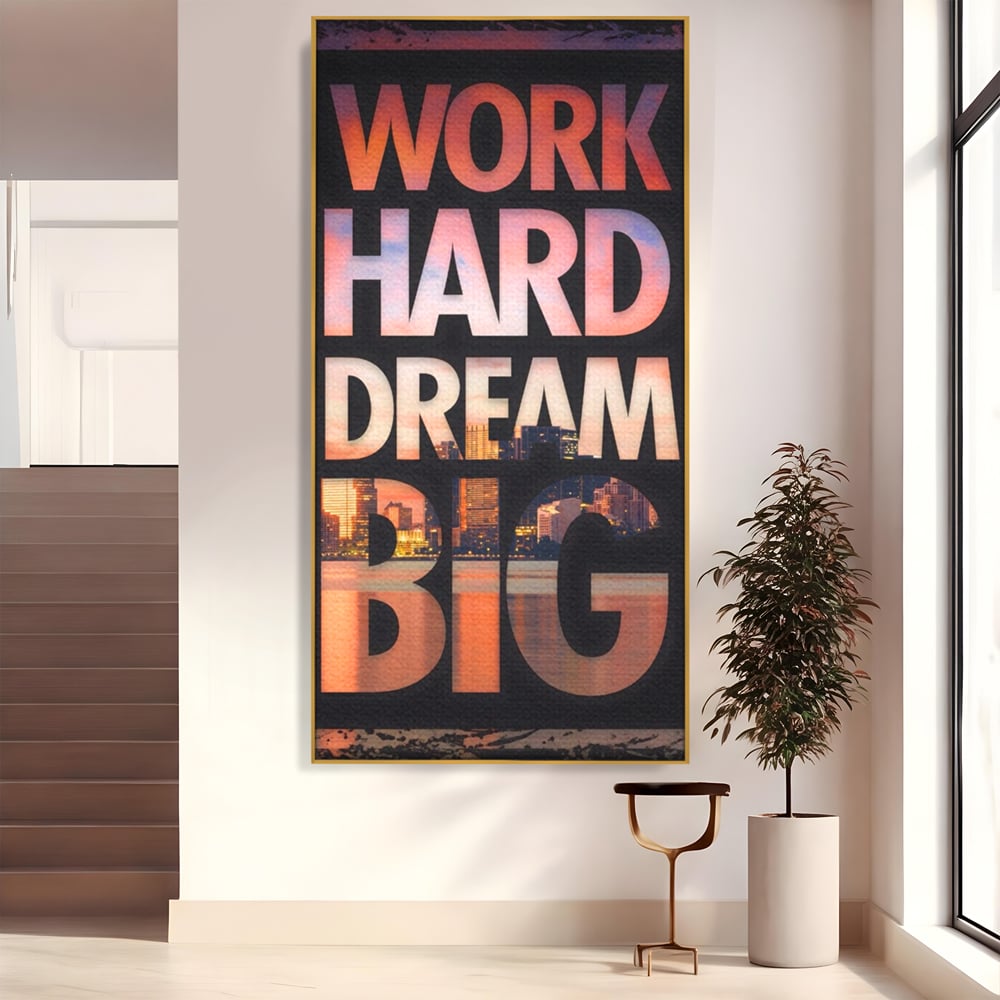 Tablou canvas cu tablou motivational cu peisaj urban nocturn, in rama de aluminiu auriu