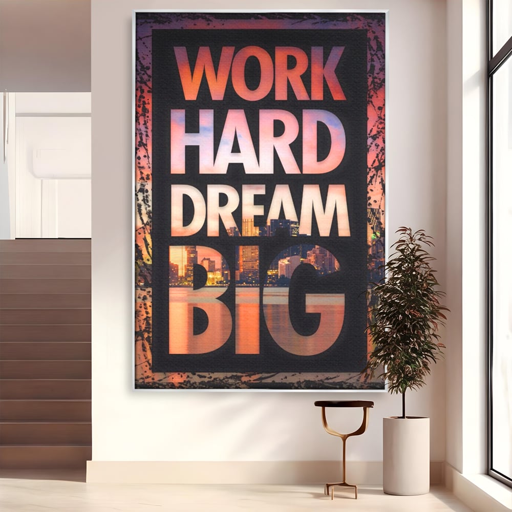 Tablou canvas cu tablou motivational cu peisaj urban nocturn, in rama de aluminiu argintiu