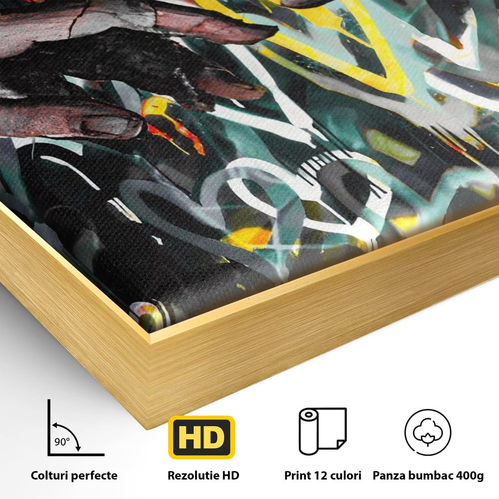 Detaliu al suprafetei: tablou canvas cu maini si inimi, in rama de aluminiu auriu