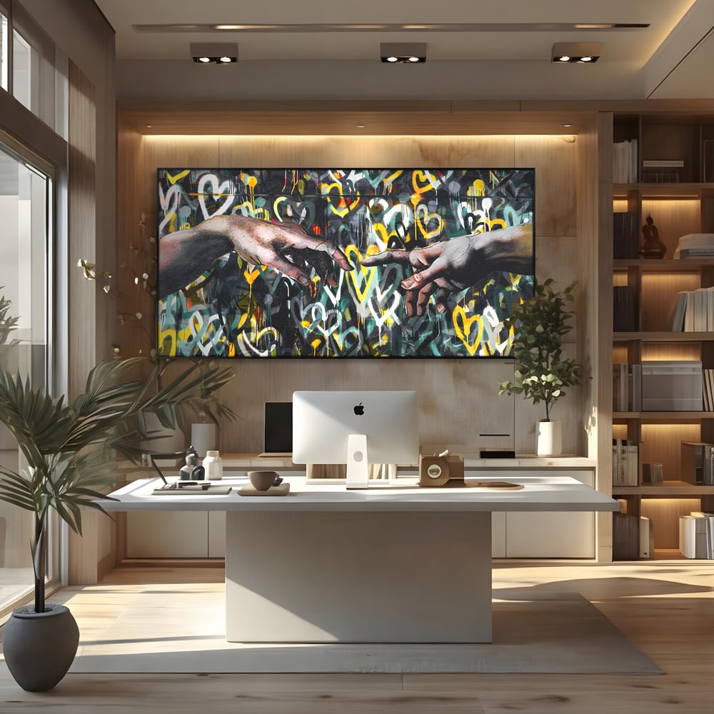 Tablou canvas cu tablou canvas cu maini si inimi, in rama de aluminiu negru, pe perete intr-un birou