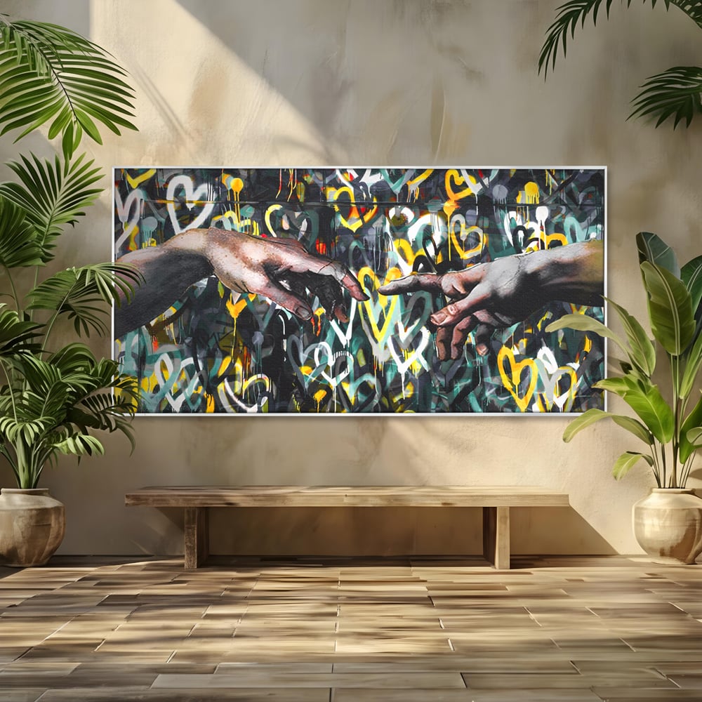 Tablou canvas cu tablou canvas cu maini si inimi, in rama de aluminiu argintiu