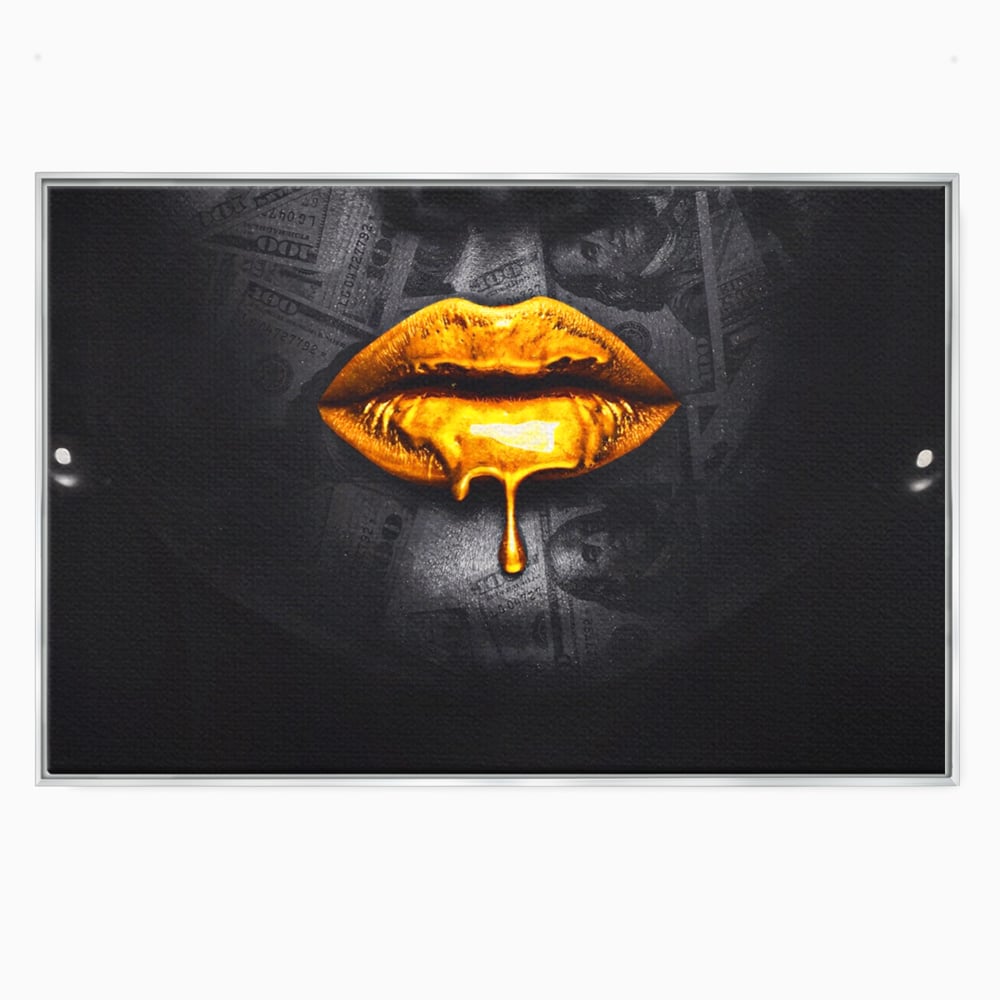 Tablou canvas cu buze aurii cu picatura si bancnote, in rama de aluminiu argintiu