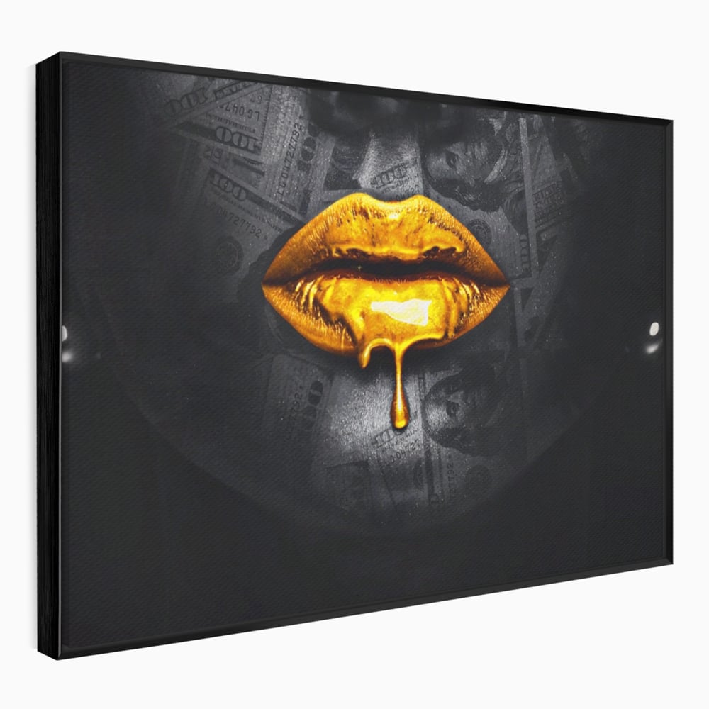 Tablou canvas cu buze aurii cu picatura si bancnote, in rama de aluminiu negru