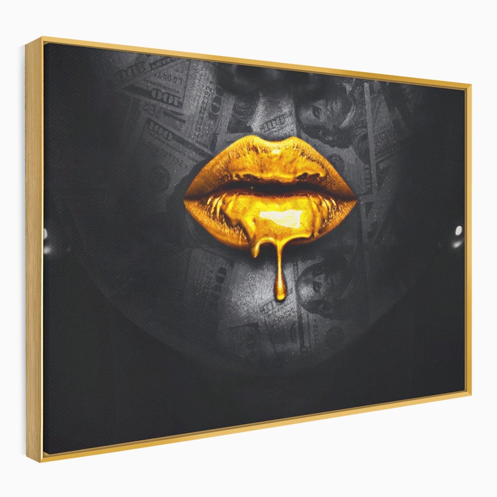 Tablou canvas cu buze aurii cu picatura si bancnote, in rama de aluminiu auriu