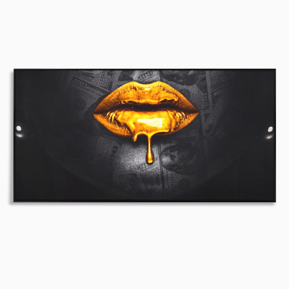 Tablou canvas cu buze aurii cu picatura si bancnote, in rama de aluminiu negru