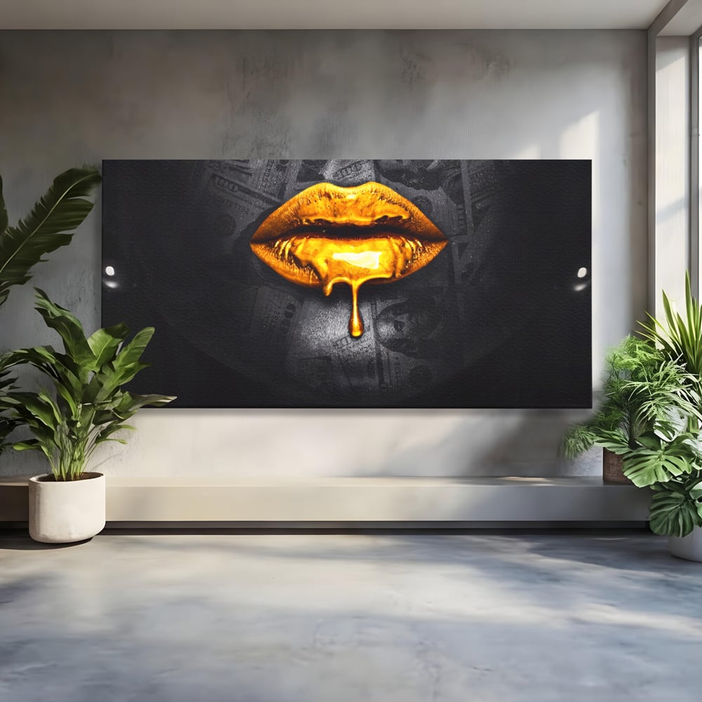Tablou canvas cu buze aurii cu picatura si bancnote, fara rama, pe sasiu de lemn