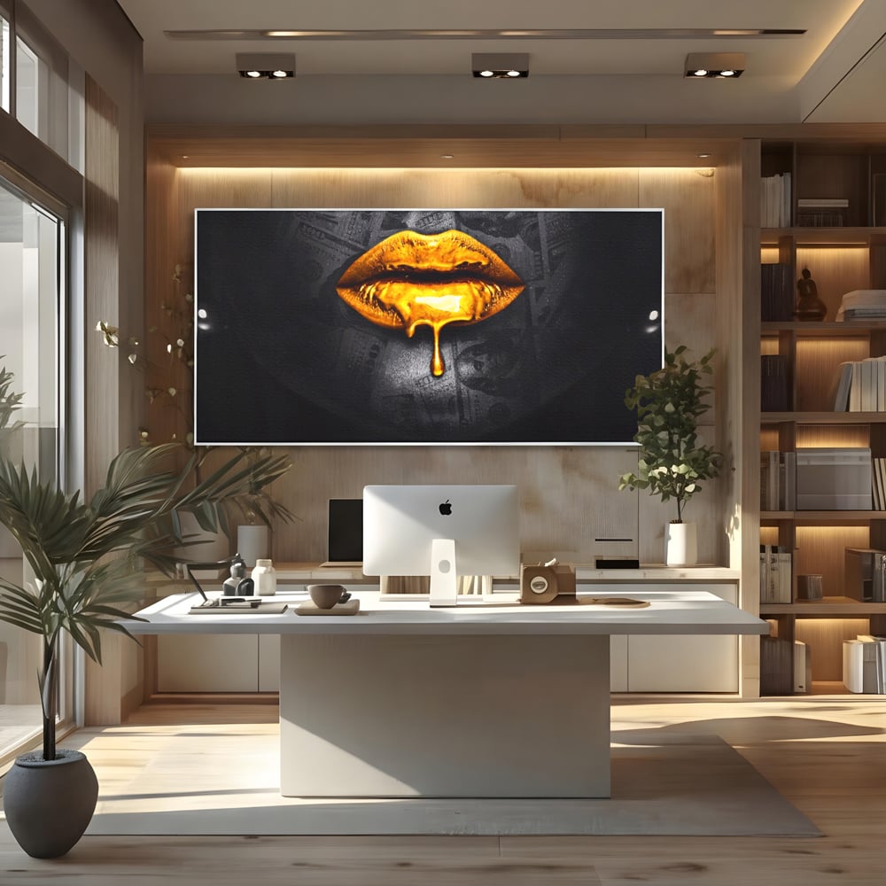 Tablou canvas cu buze aurii cu picatura si bancnote, in rama de aluminiu argintiu, pe perete intr-un birou