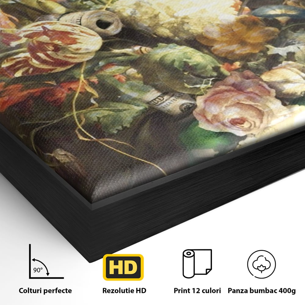 Detaliu al suprafetei: tablou canvas cu pantof sport si flori, in rama de aluminiu negru