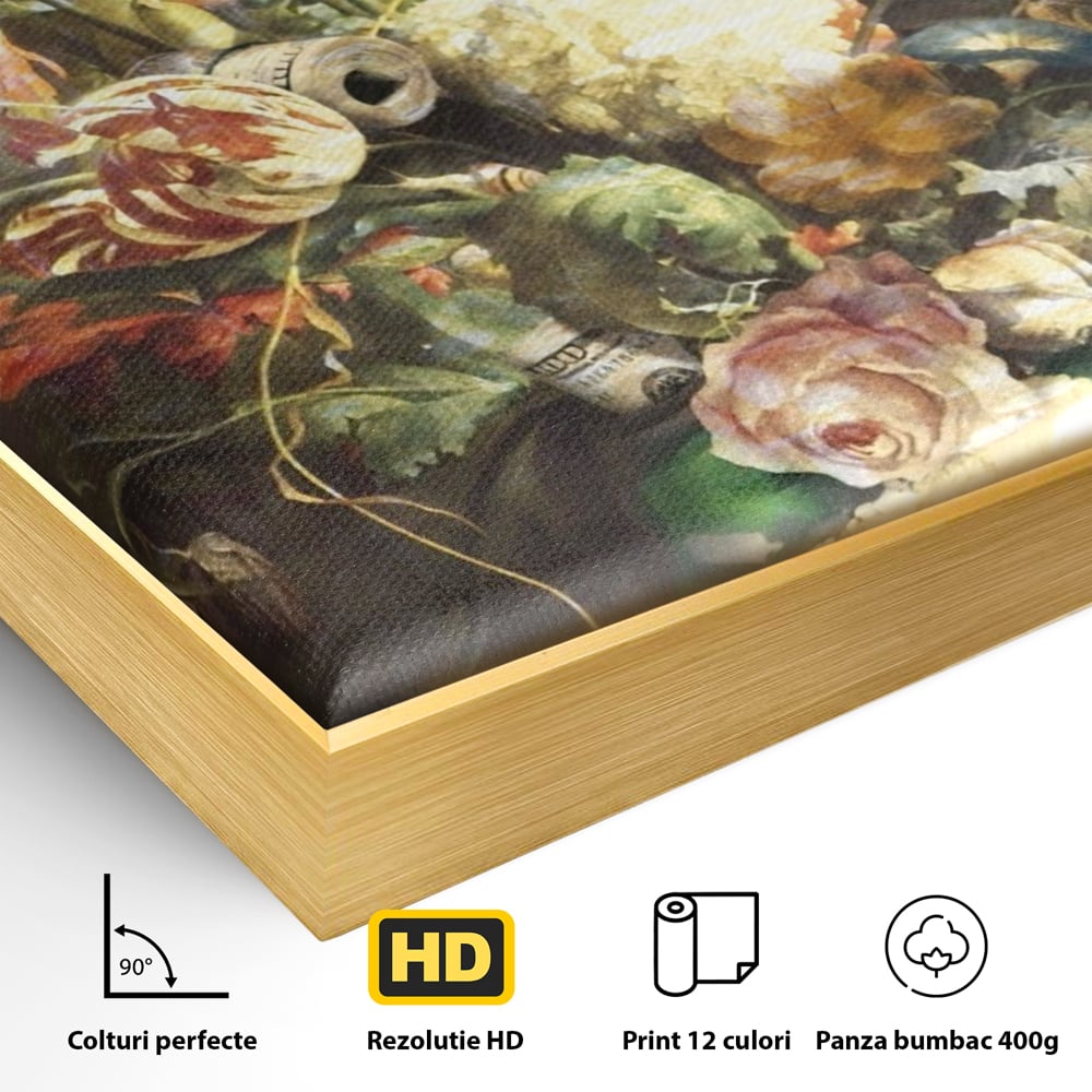 Detaliu al suprafetei: tablou canvas cu pantof sport si flori, in rama de aluminiu auriu