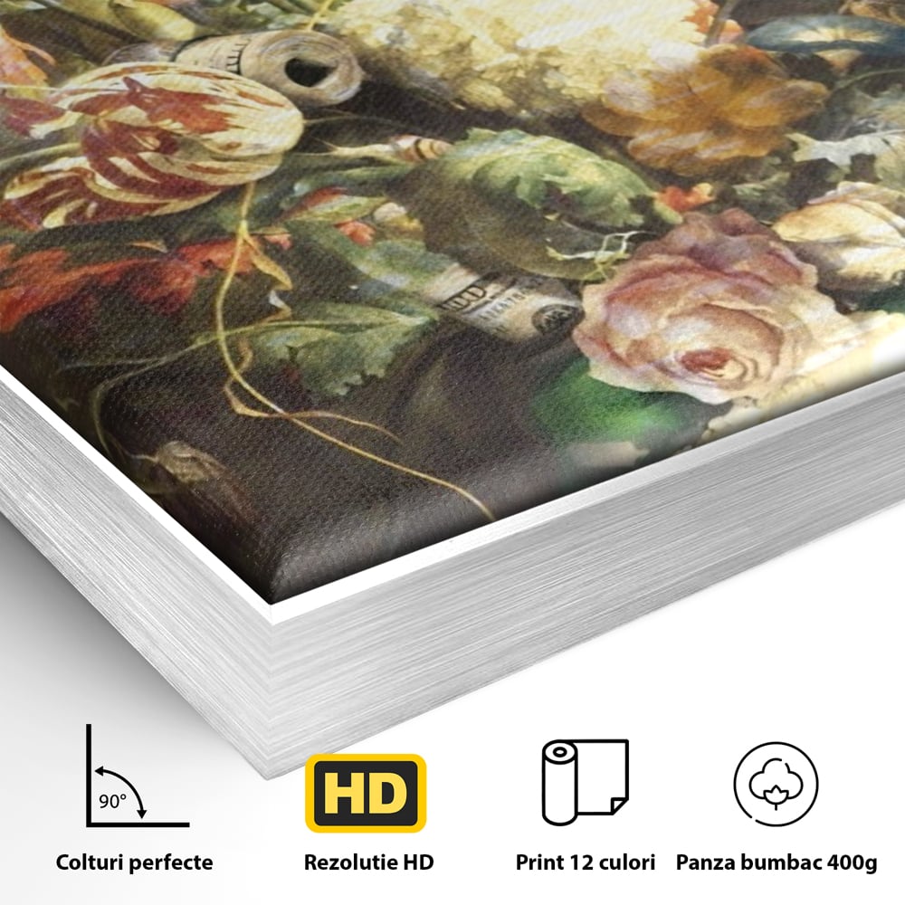 Detaliu al suprafetei: tablou canvas cu pantof sport si flori, in rama de aluminiu argintiu