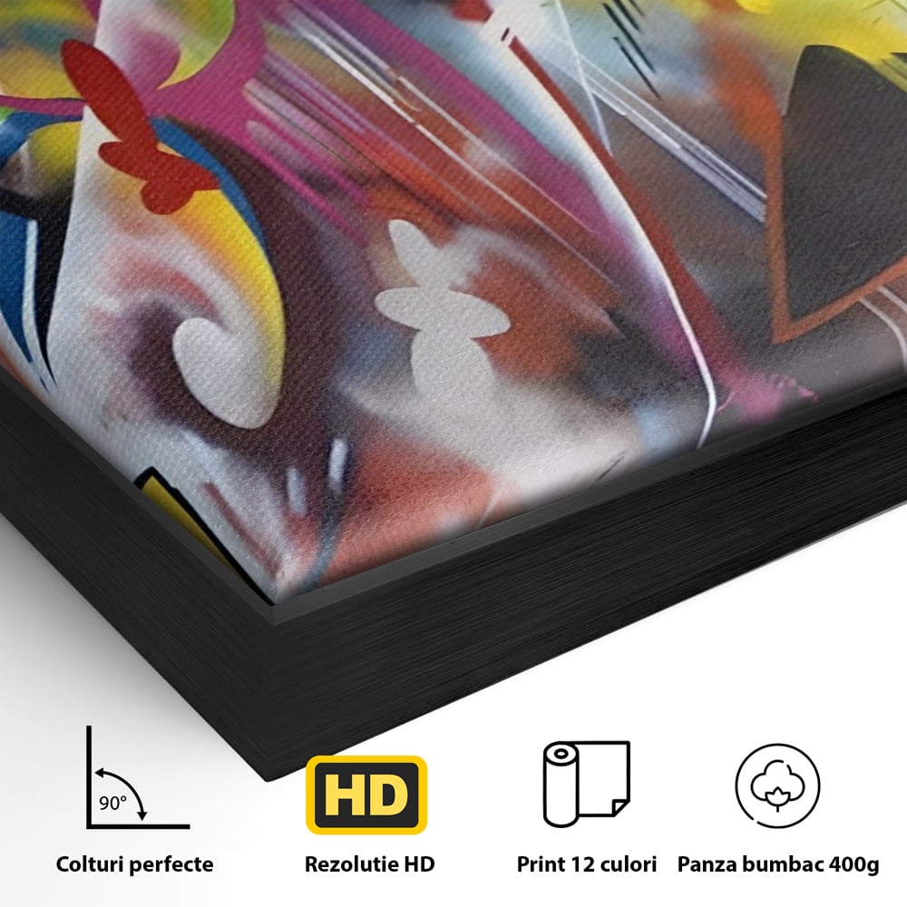 Detaliu al suprafetei: tablou canvas cu arta graffiti colorata, in rama de aluminiu negru