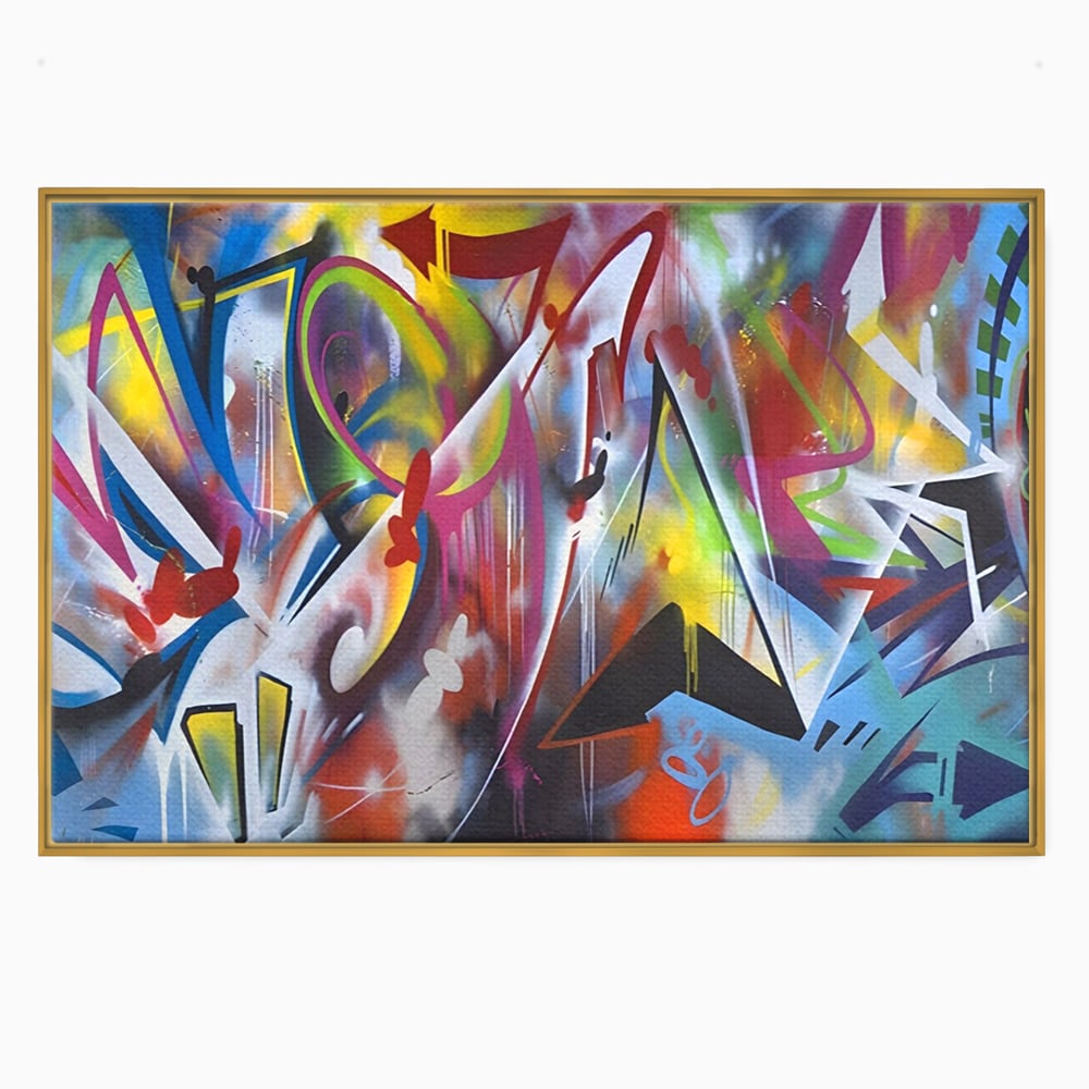 Tablou canvas cu tablou canvas cu arta graffiti colorata, in rama de aluminiu auriu