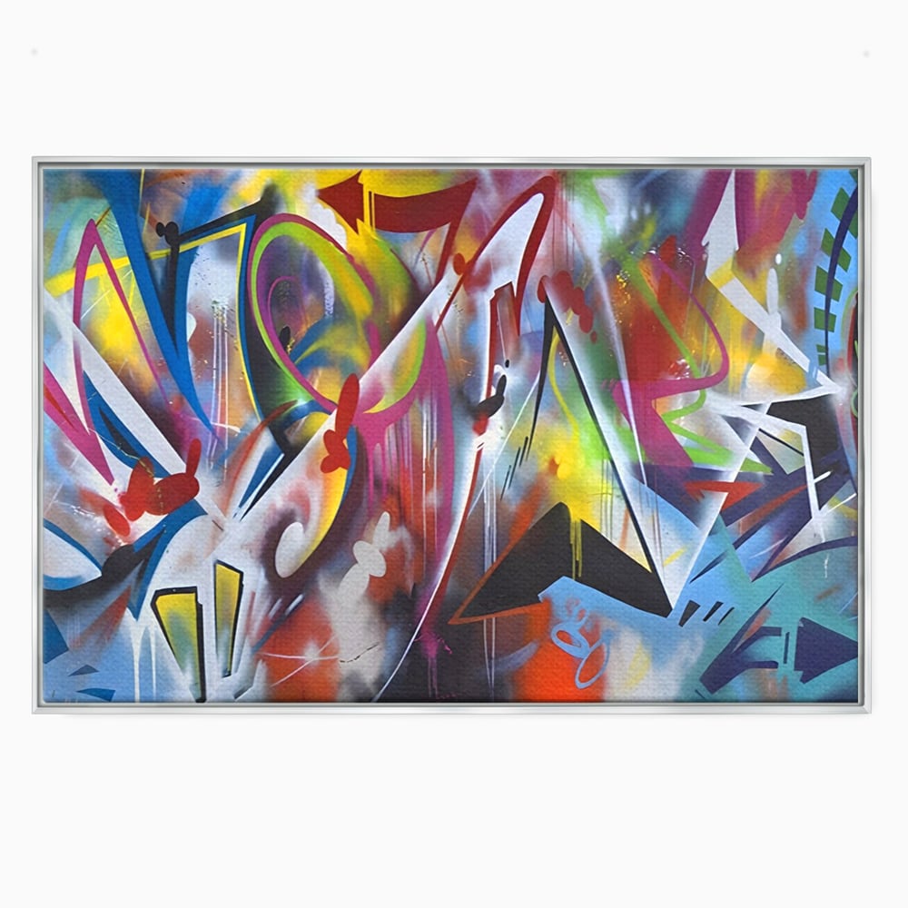Tablou canvas cu tablou canvas cu arta graffiti colorata, in rama de aluminiu argintiu