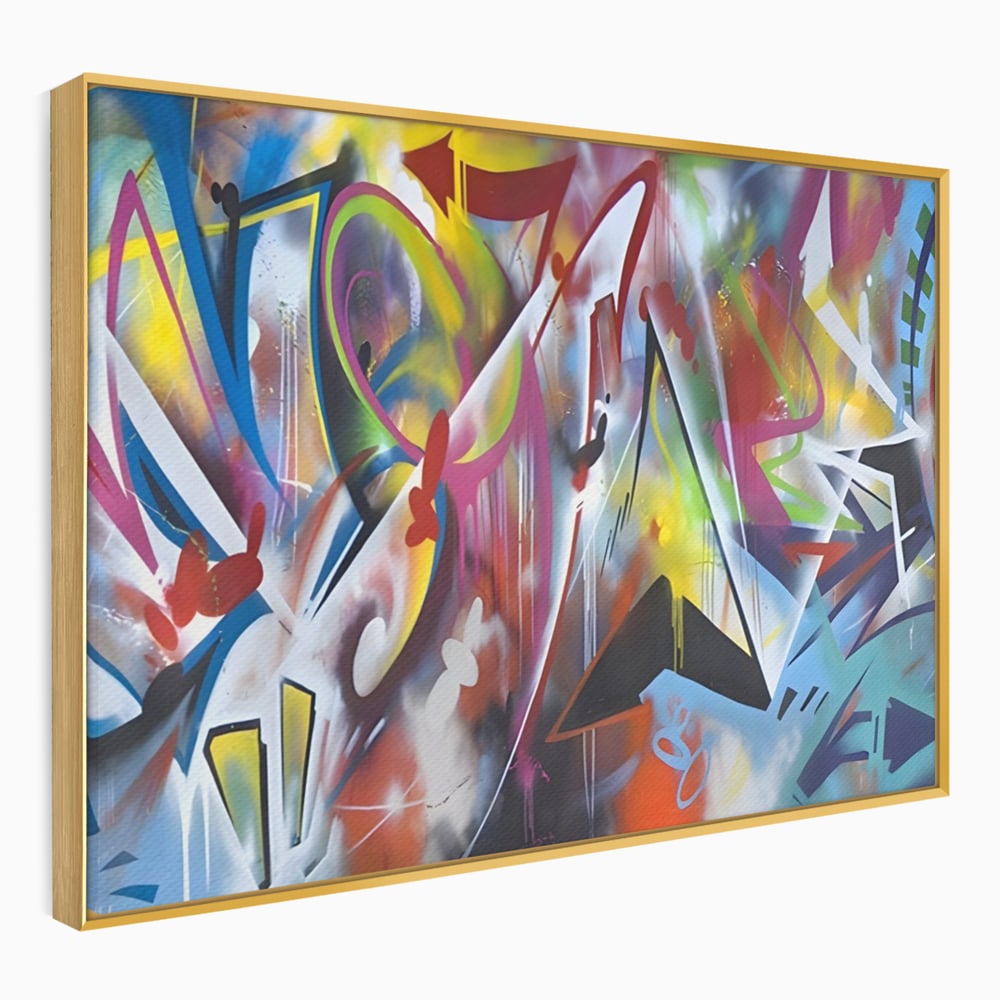 Tablou canvas cu tablou canvas cu arta graffiti colorata, in rama de aluminiu auriu