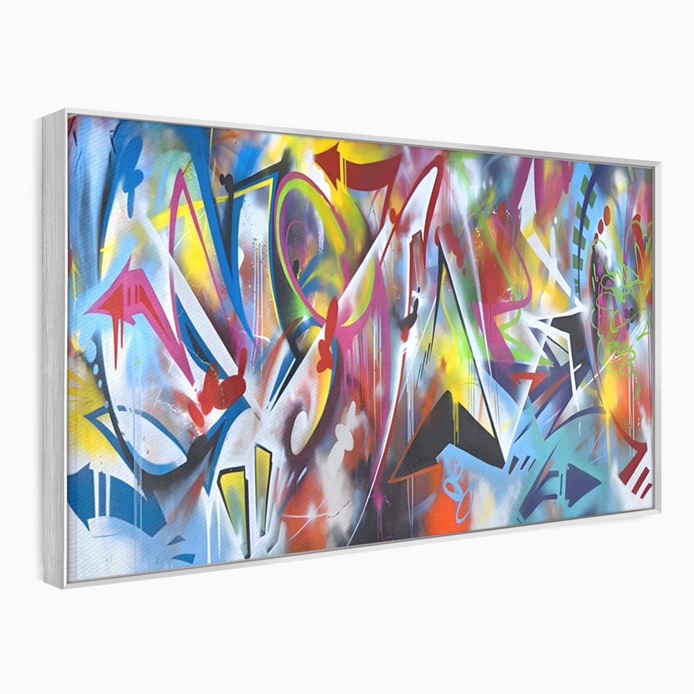 Tablou canvas cu tablou canvas cu arta graffiti colorata, in rama de aluminiu argintiu