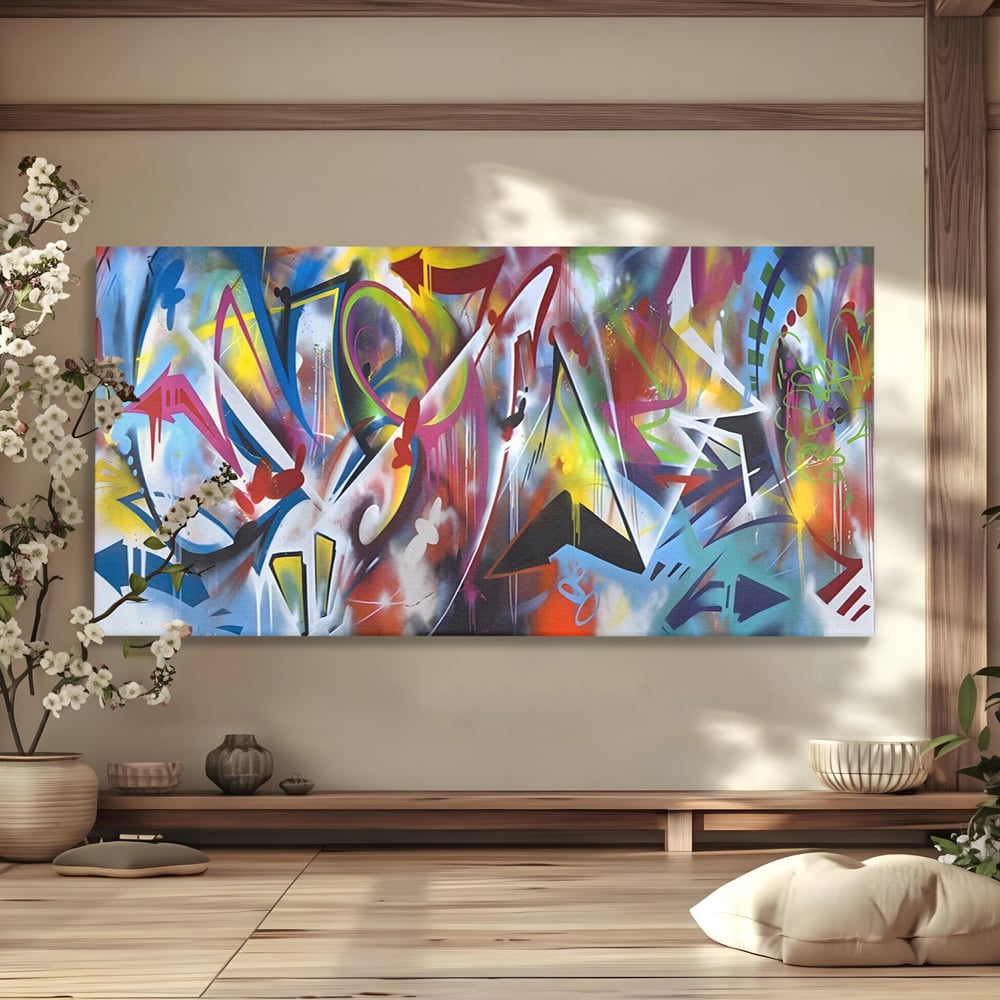 Tablou canvas cu tablou canvas cu arta graffiti colorata, fara rama, pe sasiu de lemn