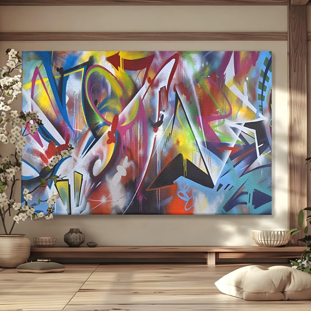 Tablou canvas cu tablou canvas cu arta graffiti colorata, fara rama, pe sasiu de lemn