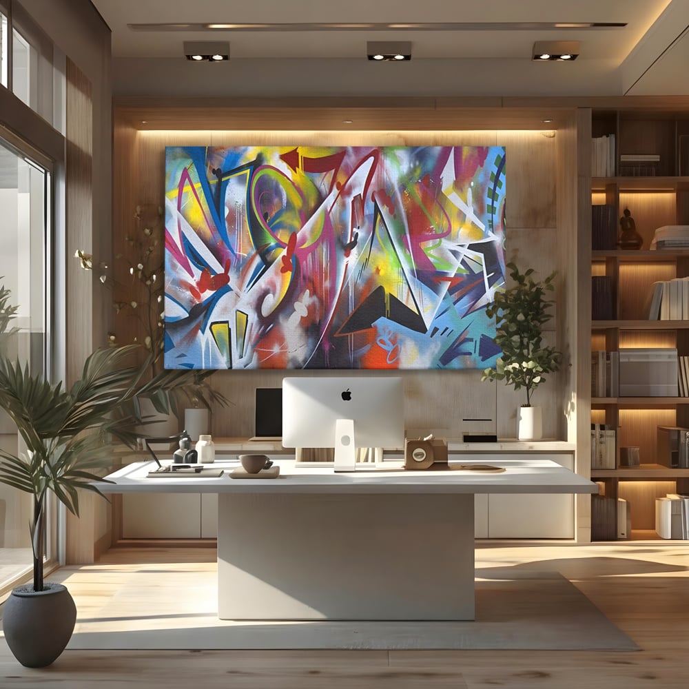 Tablou canvas cu tablou canvas cu arta graffiti colorata, fara rama, pe sasiu de lemn, pe perete intr-un birou