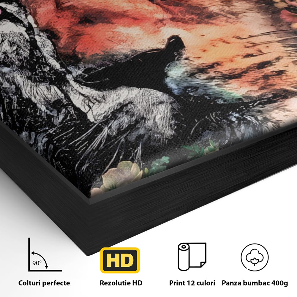 Detaliu al suprafetei: tablou canvas cu cap de leu, in rama de aluminiu negru