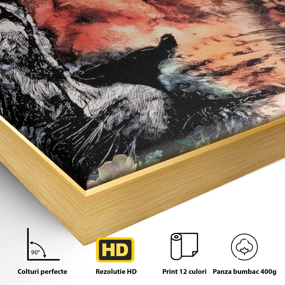 Detaliu al suprafetei: tablou canvas cu cap de leu, in rama de aluminiu auriu
