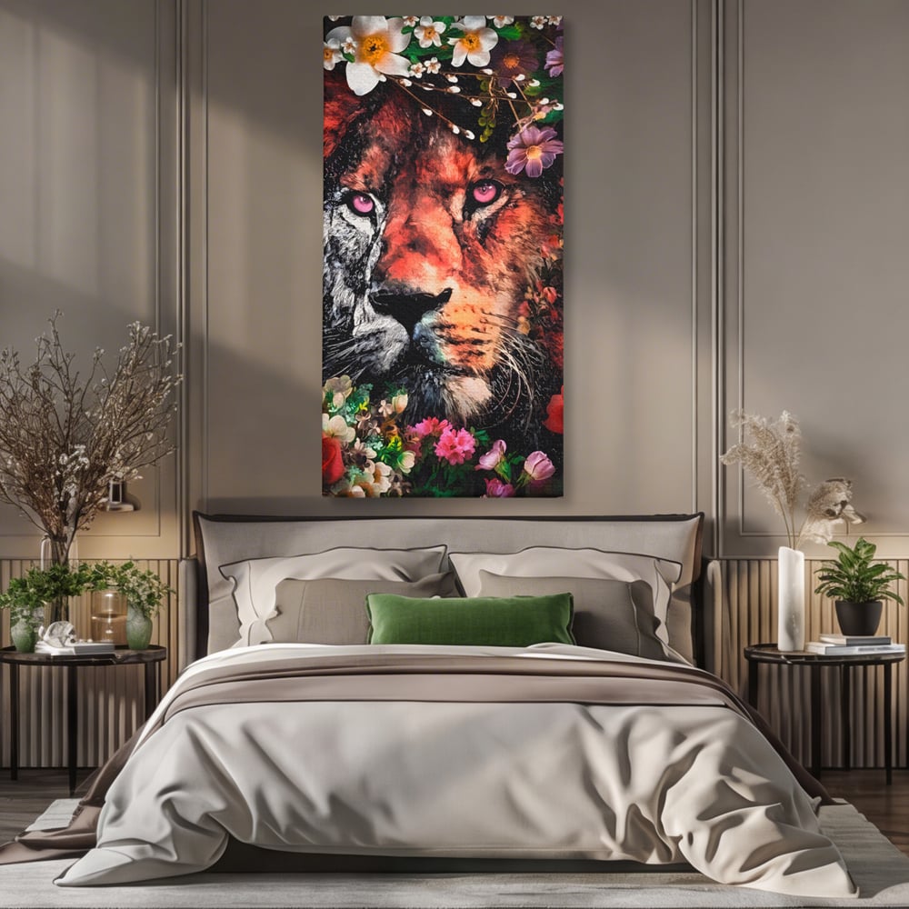 Tablou canvas cu tablou canvas cu cap de leu, fara rama, pe sasiu de lemn, pe perete intr-un dormitor