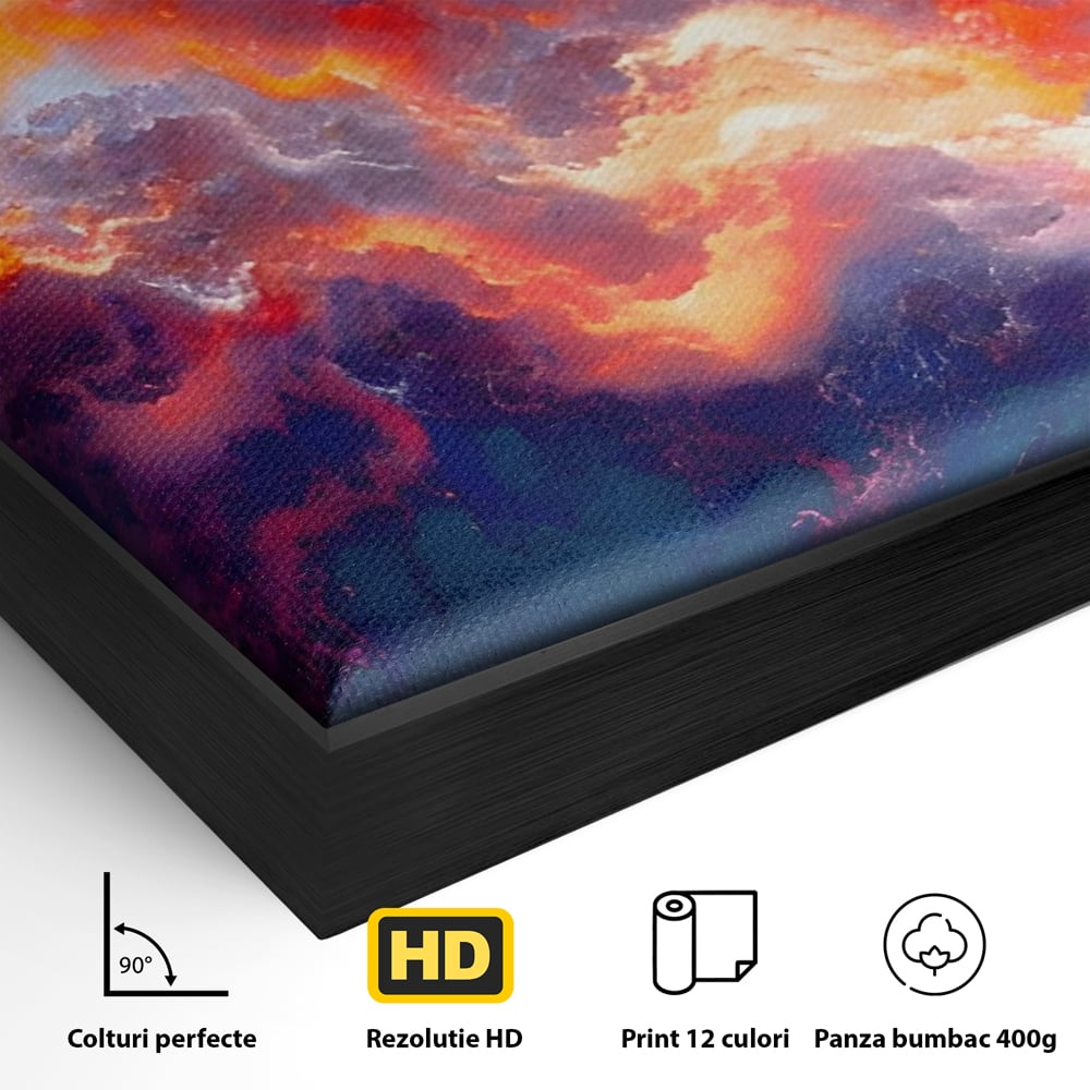 Detaliu al suprafetei: tablou canvas cu nori abstracti, in rama de aluminiu negru