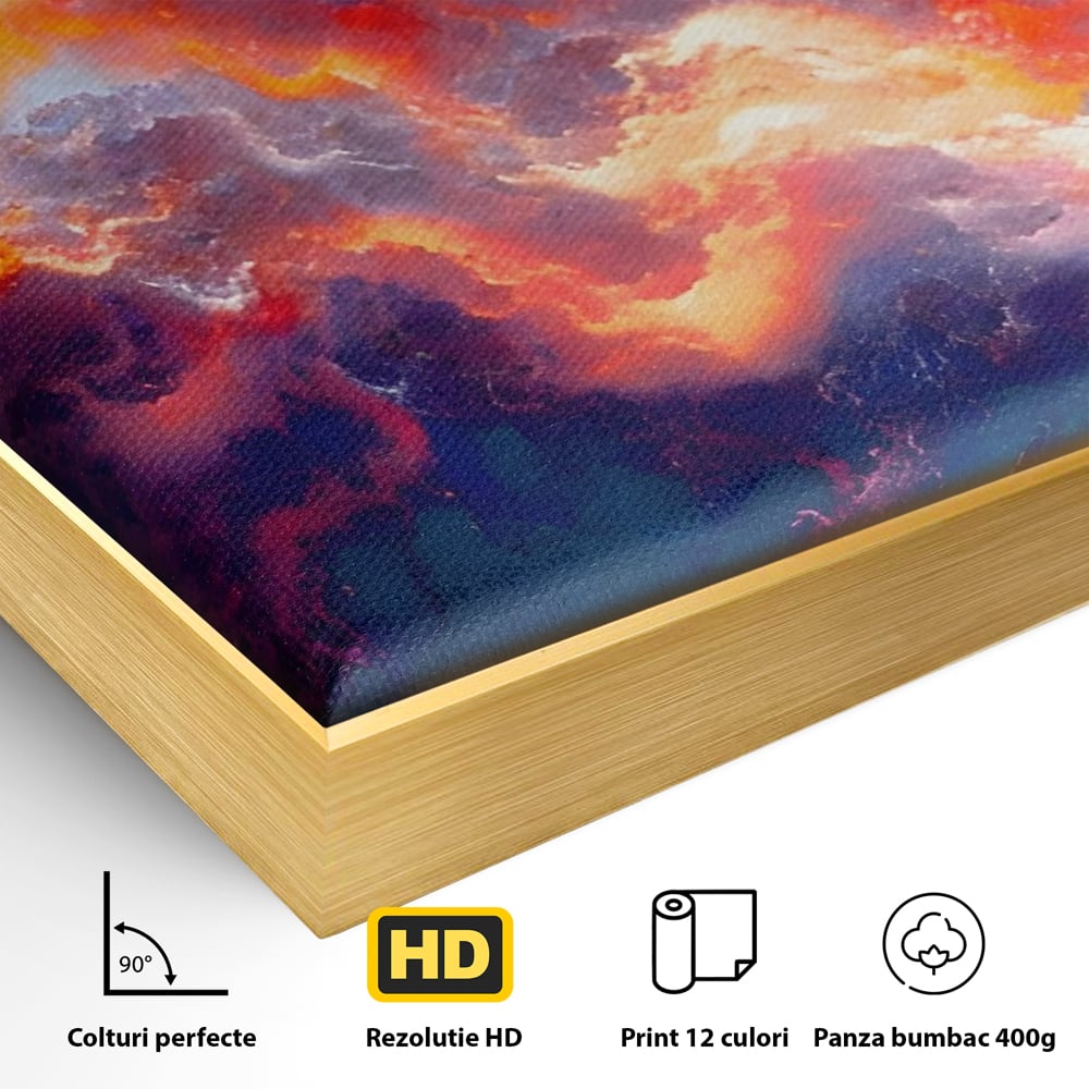 Detaliu al suprafetei: tablou canvas cu nori abstracti, in rama de aluminiu auriu