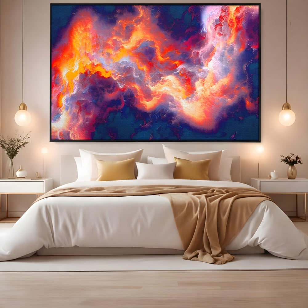 Tablou canvas cu tablou canvas cu nori abstracti, in rama de aluminiu negru, pe perete intr-un dormitor