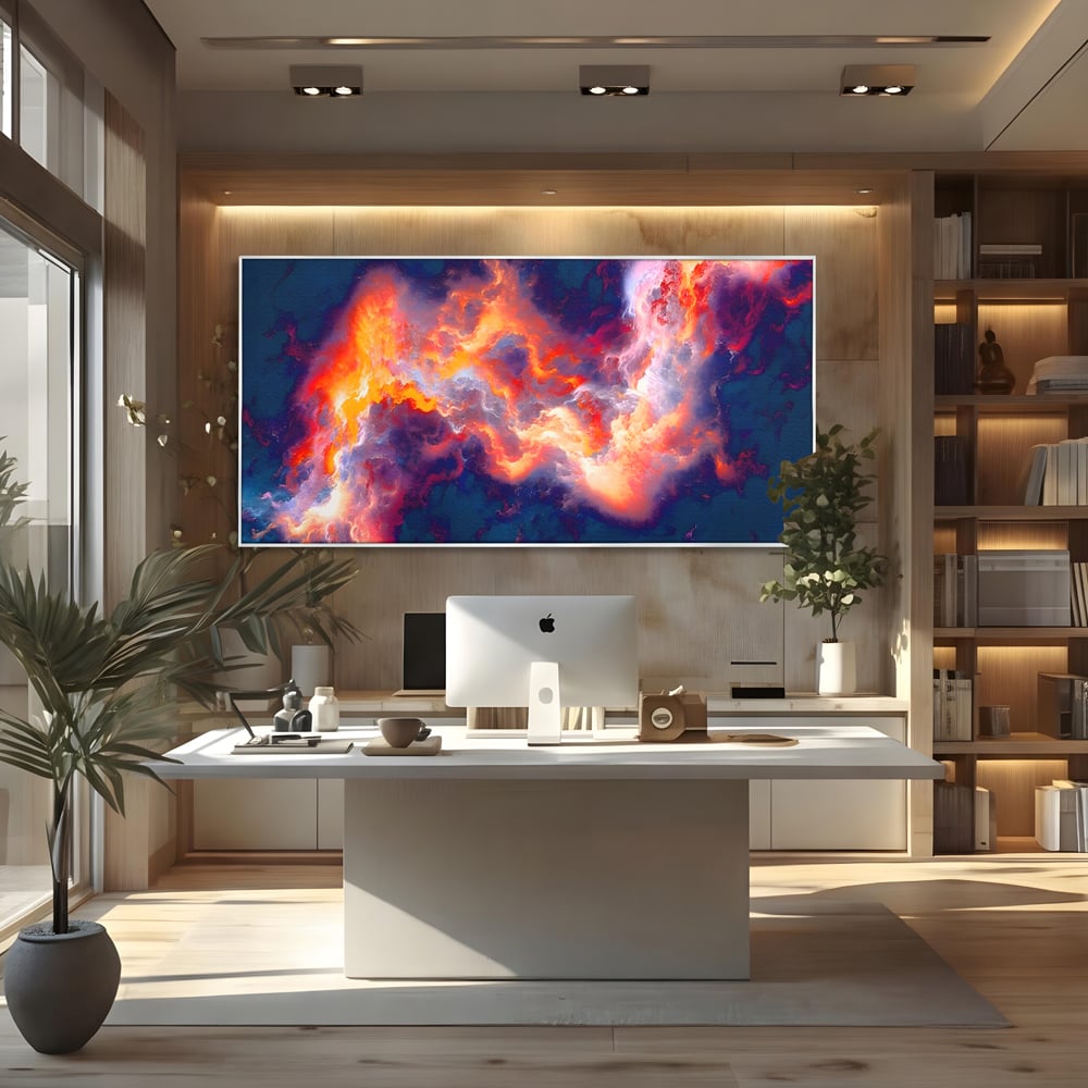 Tablou canvas cu tablou canvas cu nori abstracti, in rama de aluminiu argintiu, pe perete intr-un birou