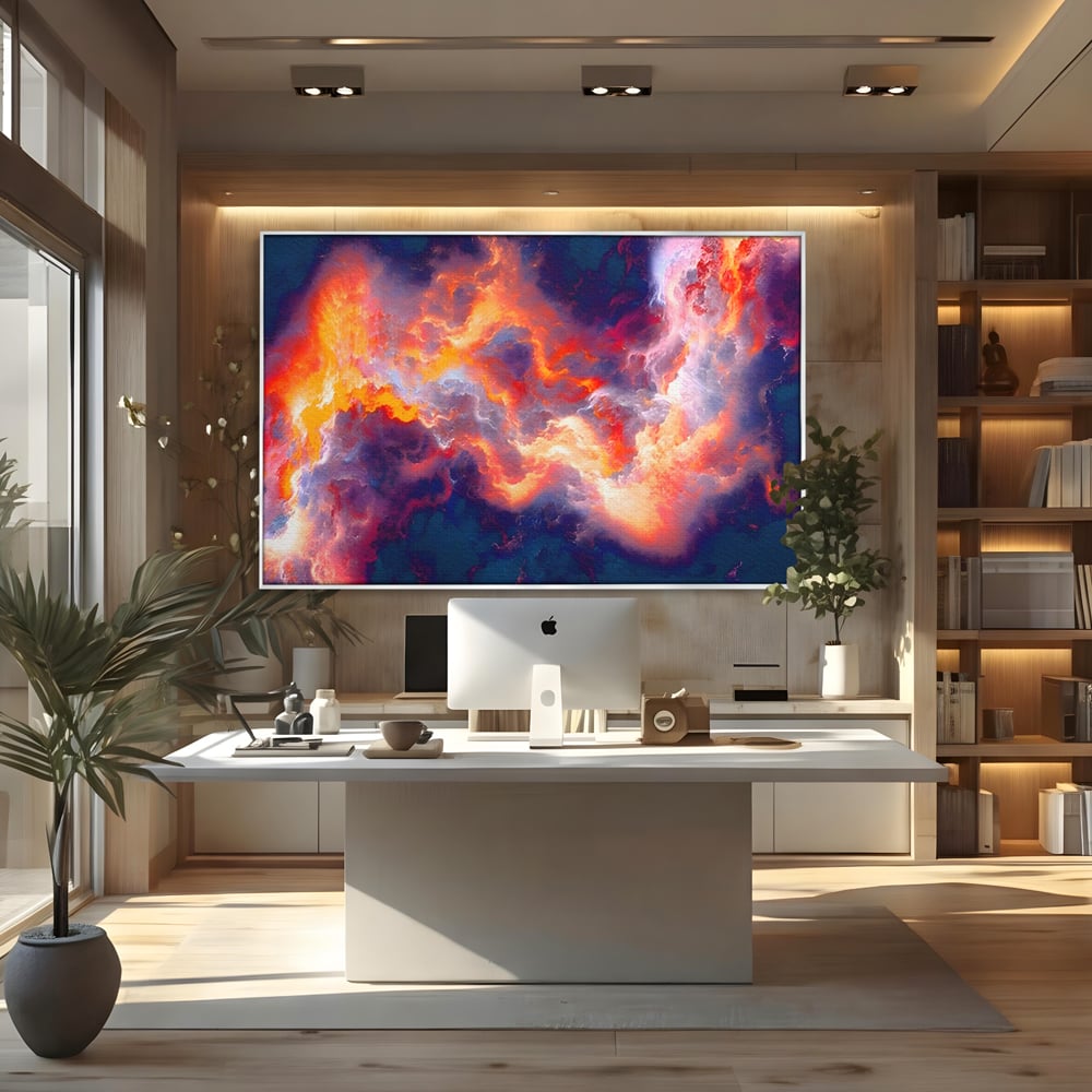 Tablou canvas cu tablou canvas cu nori abstracti, in rama de aluminiu argintiu, pe perete intr-un birou