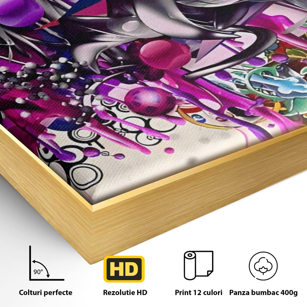 Detaliu al suprafetei: tablou canvas cu flori mov si inimi, in rama de aluminiu auriu
