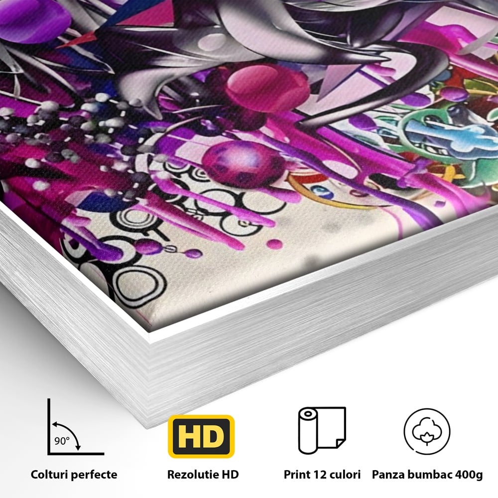 Detaliu al suprafetei: tablou canvas cu flori mov si inimi, in rama de aluminiu argintiu