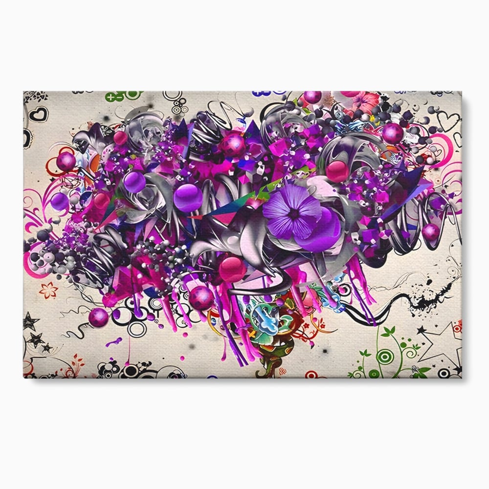 Tablou canvas cu tablou canvas cu flori mov si inimi, fara rama, pe sasiu de lemn