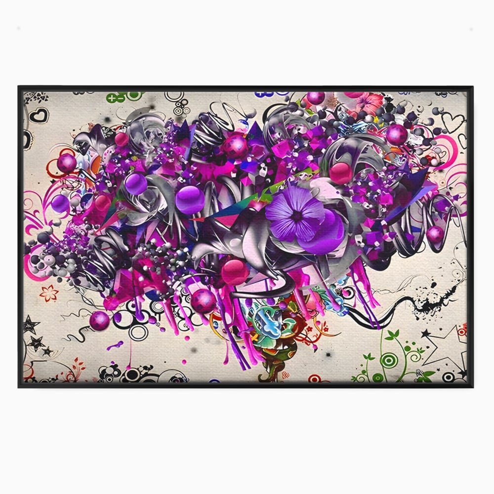 Tablou canvas cu tablou canvas cu flori mov si inimi, in rama de aluminiu negru