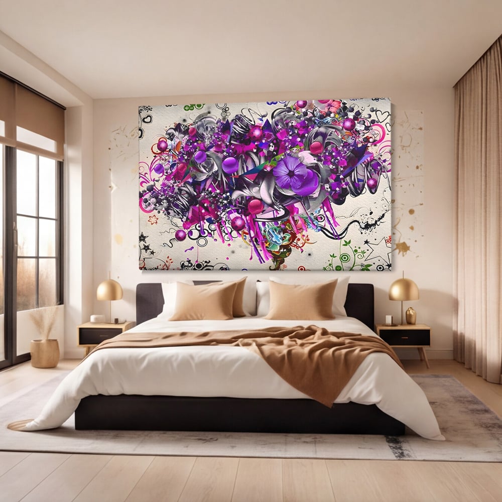 Tablou canvas cu tablou canvas cu flori mov si inimi, fara rama, pe sasiu de lemn, pe perete intr-un dormitor