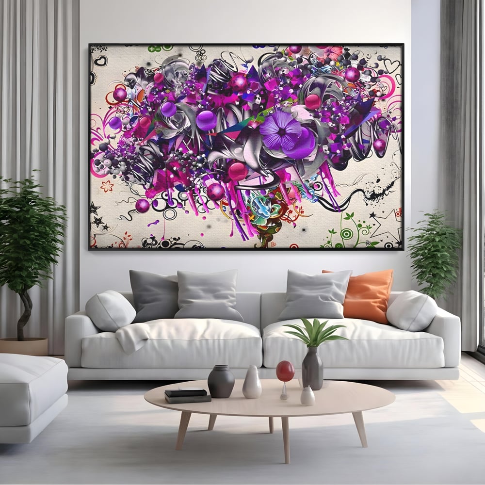 Tablou canvas cu tablou canvas cu flori mov si inimi, in rama de aluminiu negru, pe perete intr-un living
