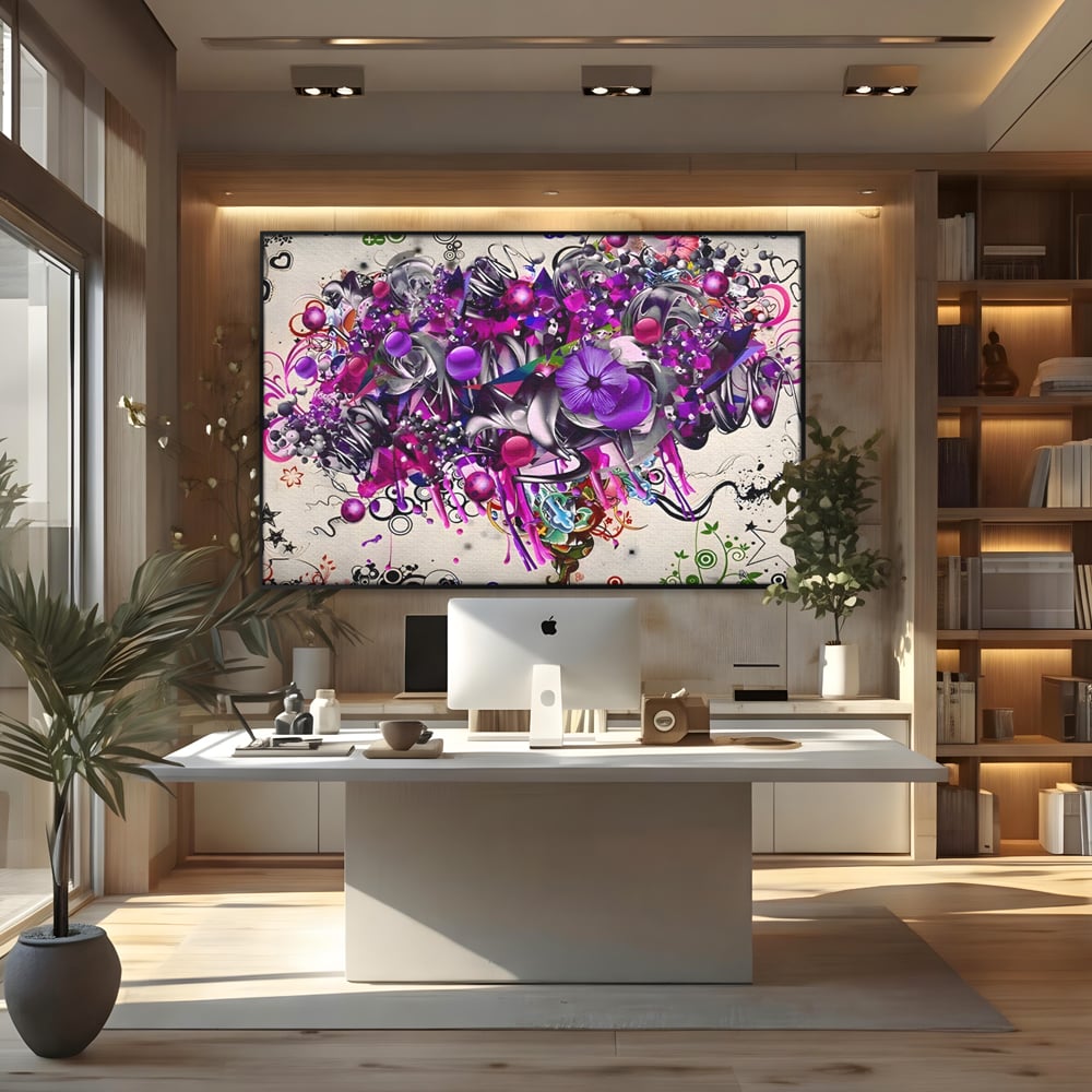Tablou canvas cu tablou canvas cu flori mov si inimi, in rama de aluminiu negru, pe perete intr-un birou