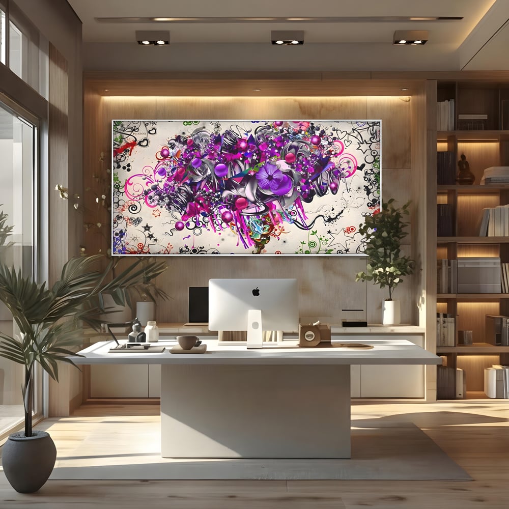 Tablou canvas cu tablou canvas cu flori mov si inimi, in rama de aluminiu argintiu, pe perete intr-un birou