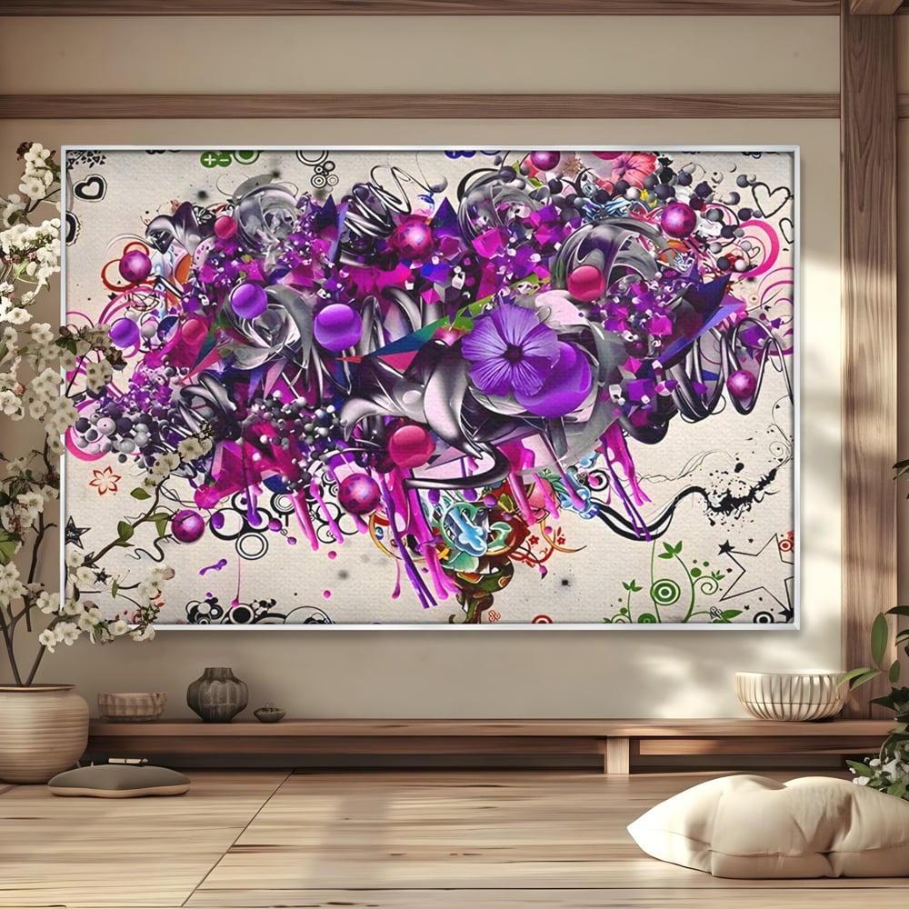 Tablou canvas cu tablou canvas cu flori mov si inimi, in rama de aluminiu argintiu