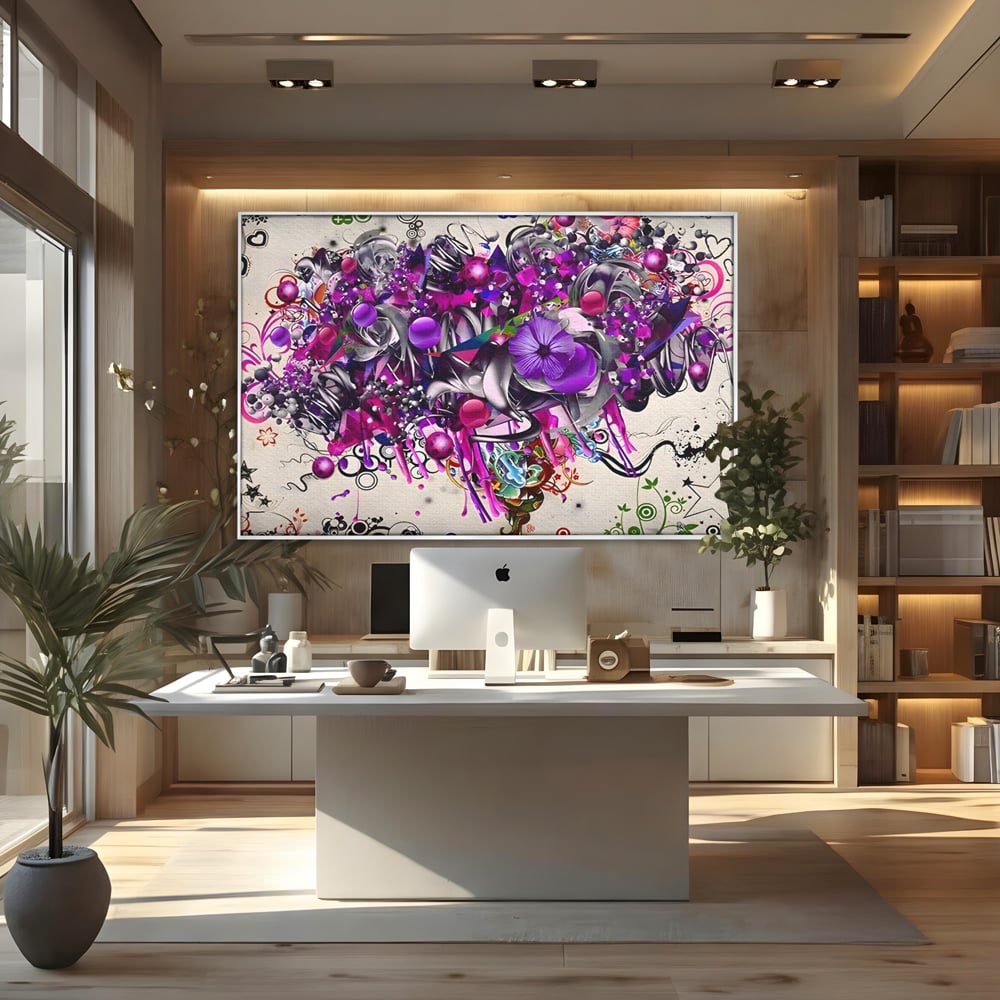 Tablou canvas cu tablou canvas cu flori mov si inimi, in rama de aluminiu argintiu, pe perete intr-un birou