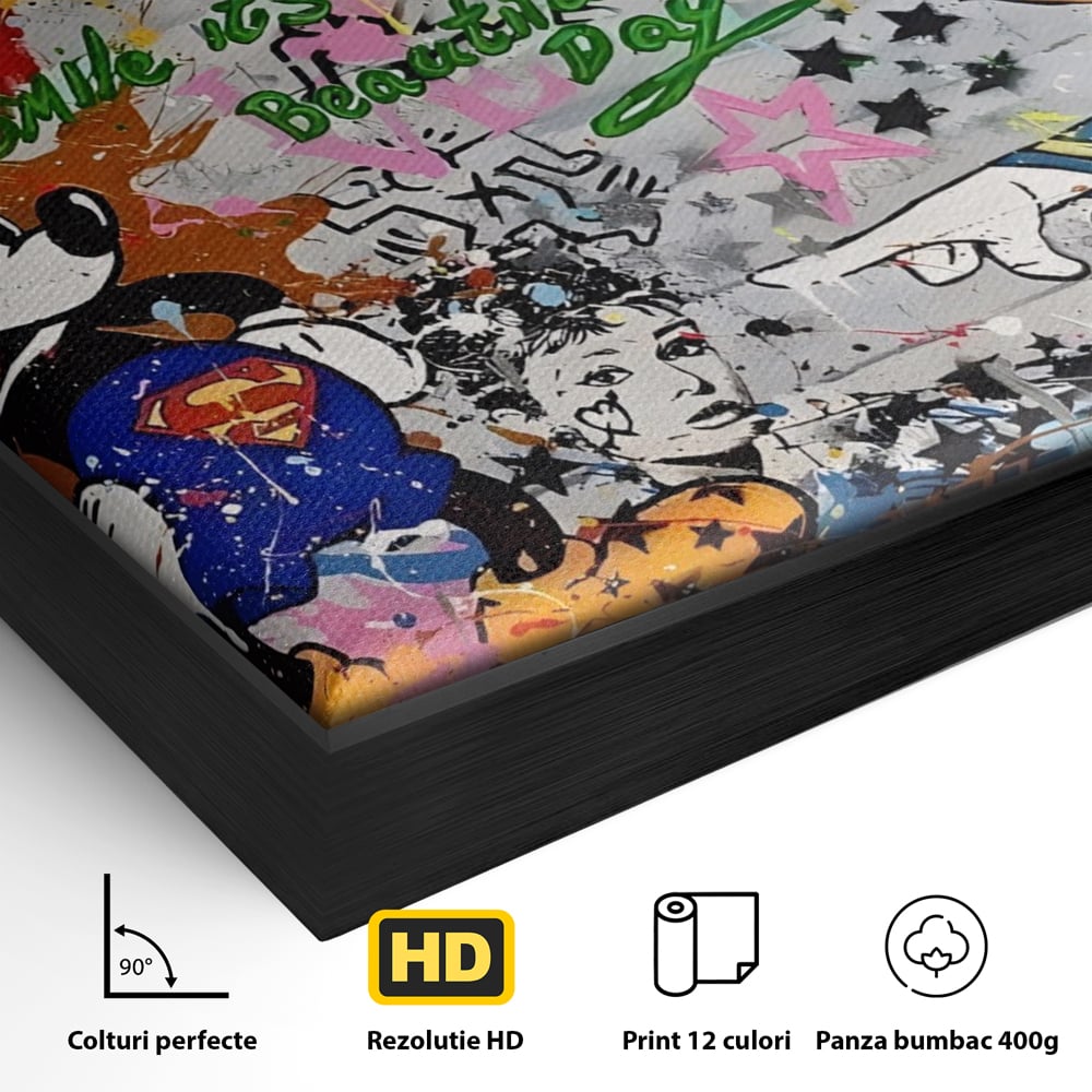 Detaliu al suprafetei: tablou canvas cu graffiti si desene animate, in rama de aluminiu negru