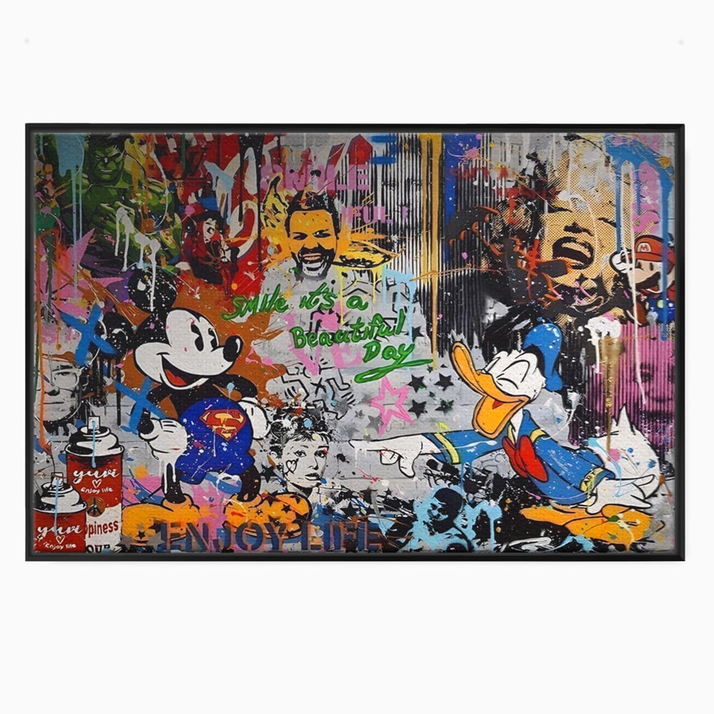 Tablou canvas cu tablou canvas cu graffiti si desene animate, in rama de aluminiu negru