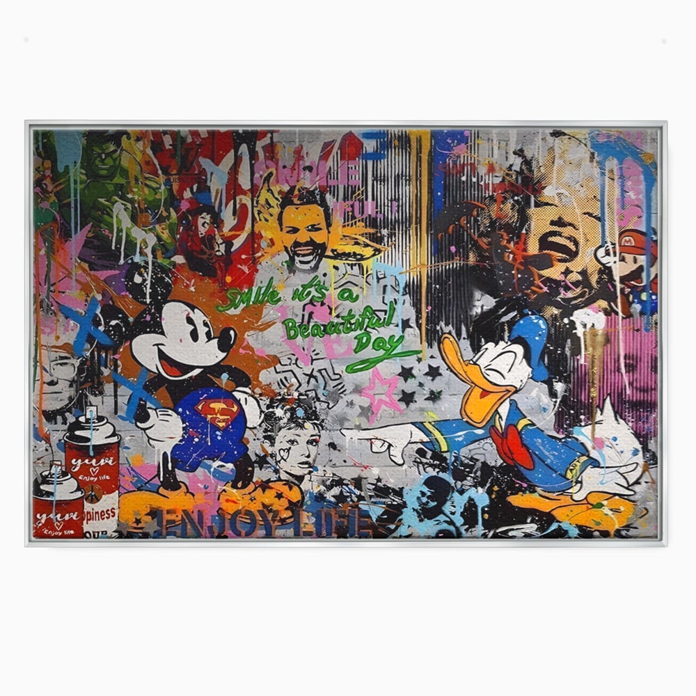 Tablou canvas cu tablou canvas cu graffiti si desene animate, in rama de aluminiu argintiu
