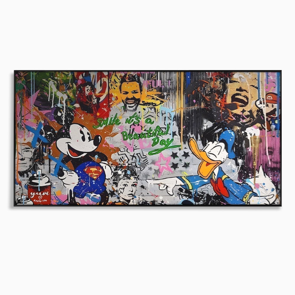 Tablou canvas cu tablou canvas cu graffiti si desene animate, in rama de aluminiu negru